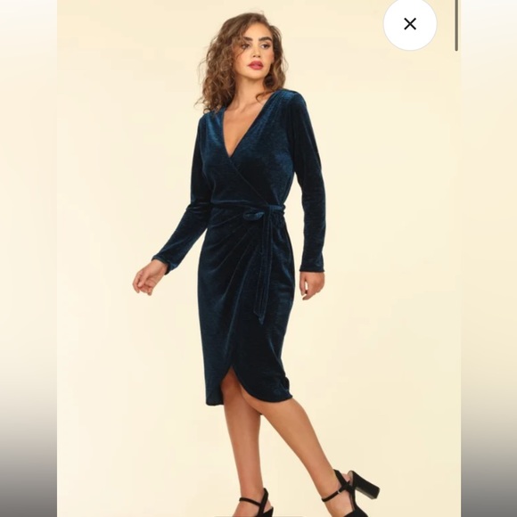 Dark Teal Velvet Wrap Dress - Picture 3 of 8